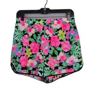 Mezzanine Neon Pink Green Floral Hawaiian Athletic Shorts Women's L